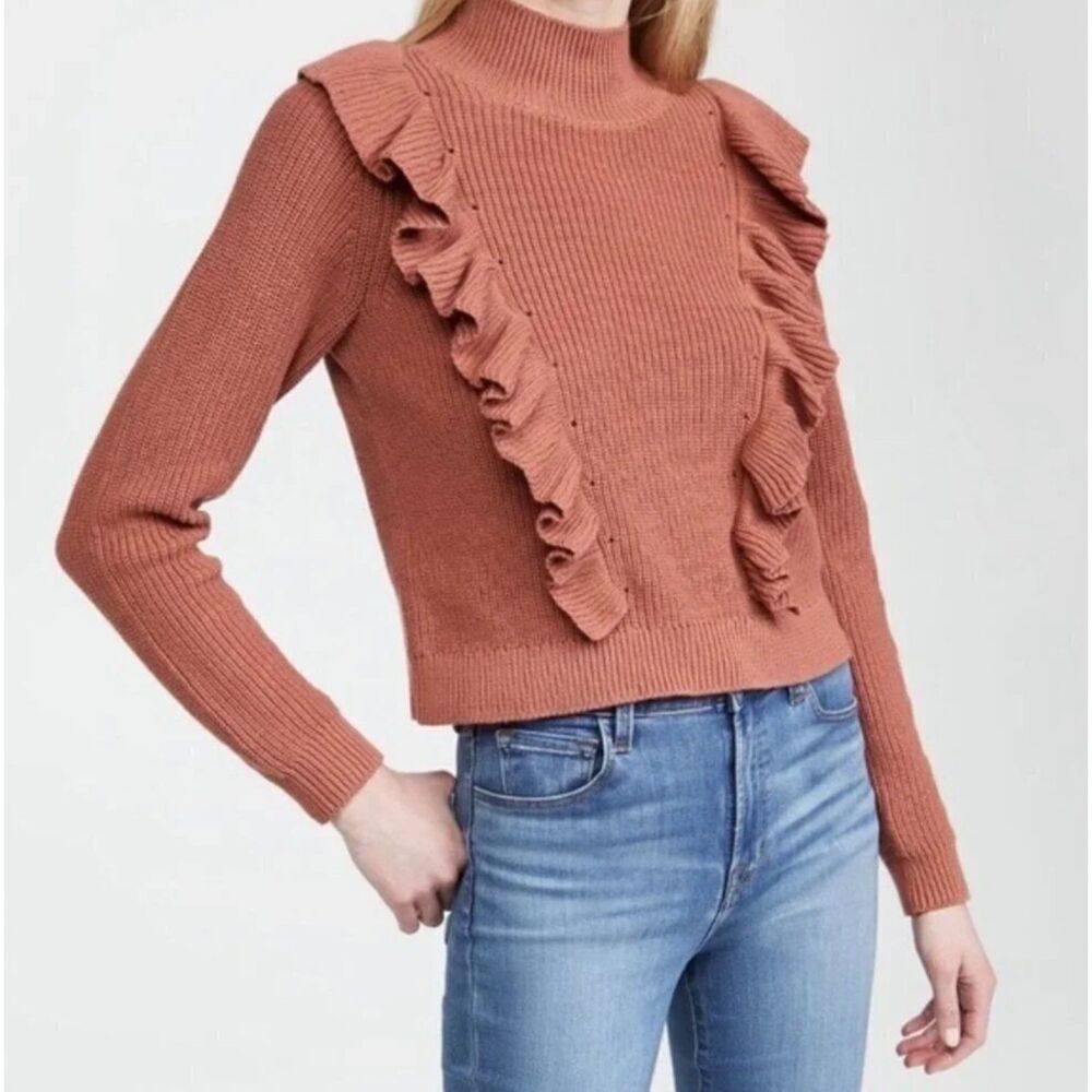 525 America Mock Neck Ruffle 100% Cotton Long Sleeve Sweater in Pink Sand Sz XS